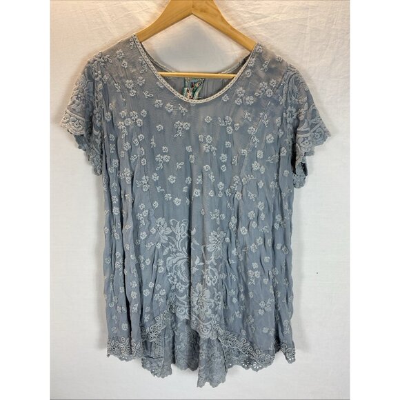 Johnny Was Top Womens XS Blue Flutter Sleeve‎ Embroidered Tunic Resort Vacation - Picture 1 of 11